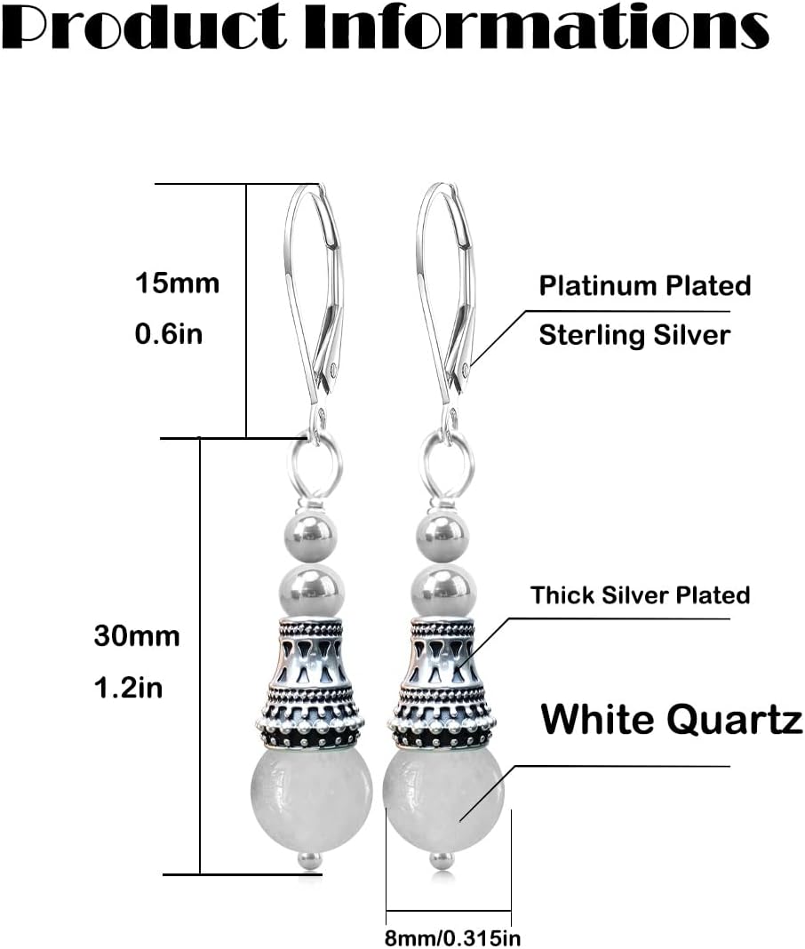 Natural Round Stone Bead Drop Earrings,Silver Genuine Real Crystal Quartz Gemstone Dangle Dangling Earrings,Boho Bohemian Beading Jewelry for Women Her - Image 7