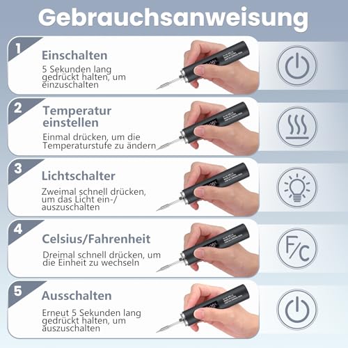 KKMOL Accu soldeerboutset, USB-oplaadbaar, met lcd-scherm en verlichtingsmodus, 5 temperaturen instelbaar van 260 tot 450 °C, professionele veilige complete set, zwart - Afbeelding 3