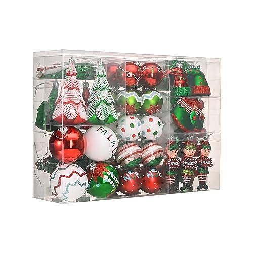 DecorbyHannah 120ct Christmas Ornaments Set, Elf Red Green White Christmas Tree Decorations, Assorted Shatterproof Plastic Hanging Ball Ornaments Bulk for Xmas Home Party Indoor Decor (Value Pack)