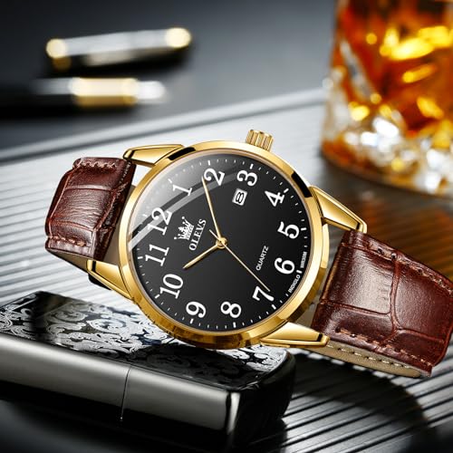 Image of OLEVS Watch Men Mens Watches Watches for Men Leather Band Classic Brown Leather Watch Men, Analog Watch Men, Black Mens Leather Watch, Dress Waterproof Large Face Mens Watch,Relojes para Hombres Watch