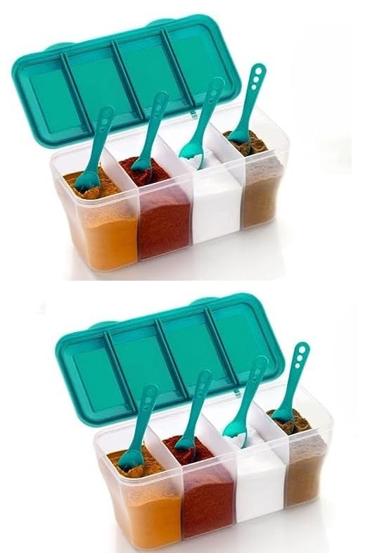 Moonlike Multipurpose Plastic 4 In 1 Masala Box for Kitchen, Transparent Pickel Box, 4 Compartment Storage Container Airtight For Cereal, Dry Fruits Dabba1800 Ml with 4 Spoons (Pack of 2 Green)