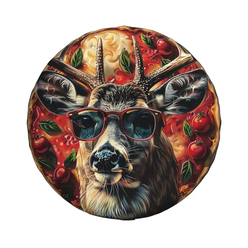 Image of Deer with Glasses and Pizza Spare Tire Cover Wheel Protectors Weatherproof Deer Pattern Wheel Covers Universal Fit for Trailer RV SUV Truck Camper Travel Trailers Accessories 14 Inch