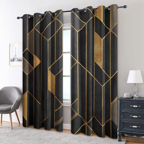 Geometric Black Gold Blackout Curtains for Bedroom, 63 Inch 2