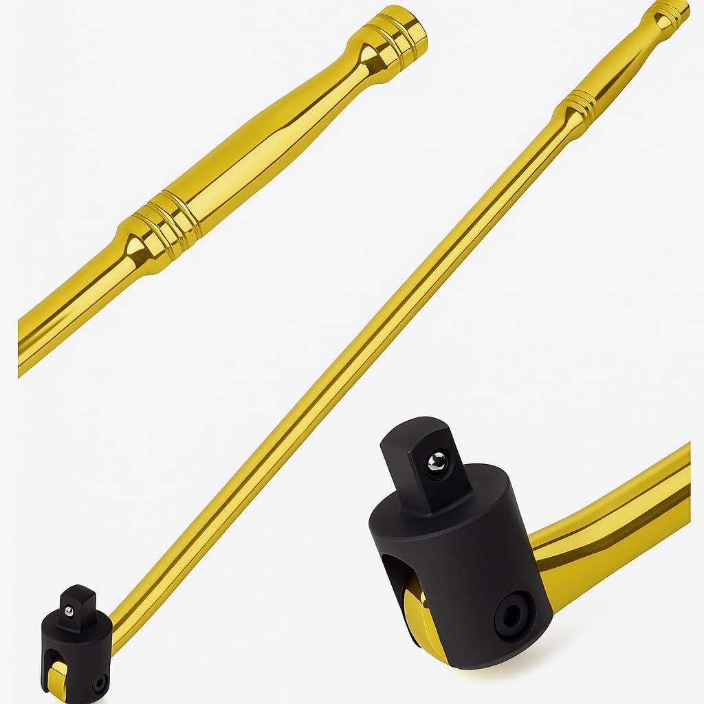 Autojack 750mm Breaker Bar 1/2 Inch Heavy Duty, Socket Wrench, Square Drive Flexi Knuckle for Removing Wheel Nuts, Gold Chrome Finish