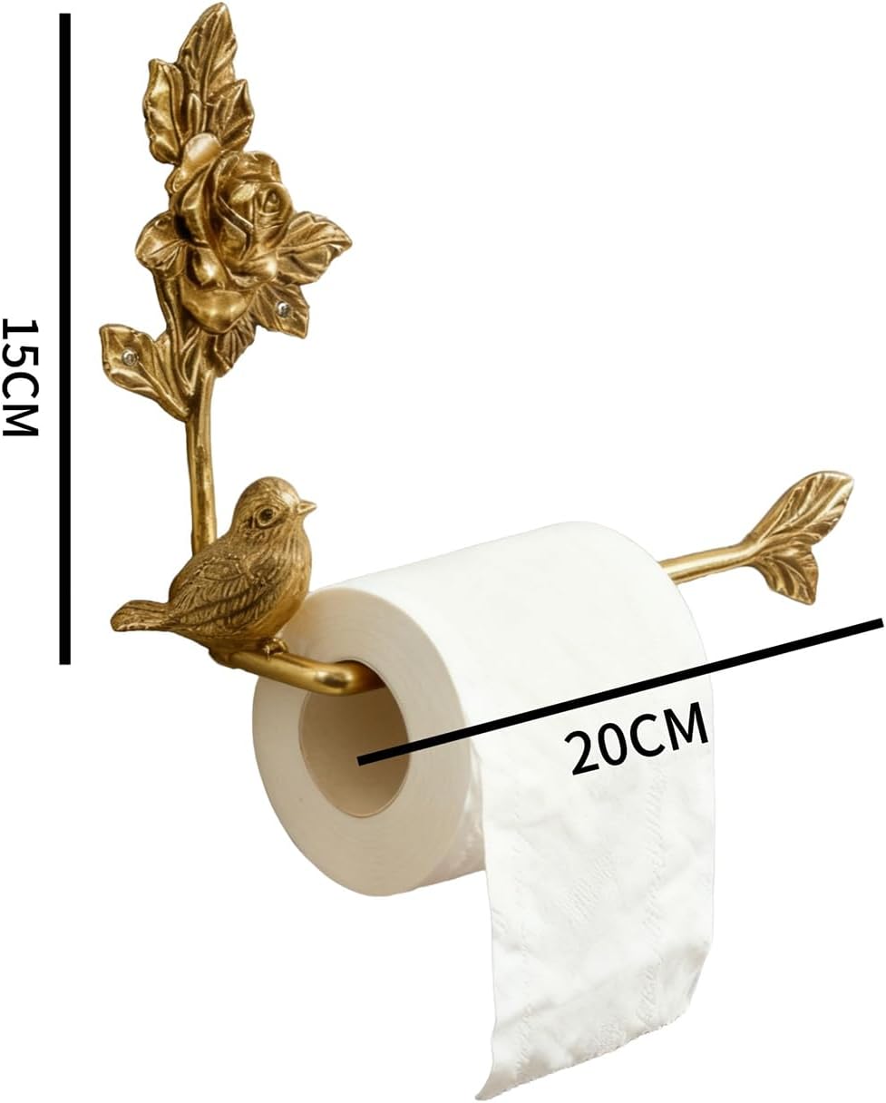 Vintage Brass Gold Wall Mounted Toilet Paper Holder with Bird and Flower Design – Decorative Towel/TP Holder for Bathroom, Rustic Farmhouse Victorian Style Bathroom Hardware