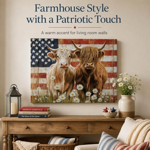 Image of Highland Cow Wall Art Decor, 4th of July American Flag Patriotic Vintage Canvas Print Picture Framed, Rustic Farmhouse Animal Painting for Home Bathroom Living Room