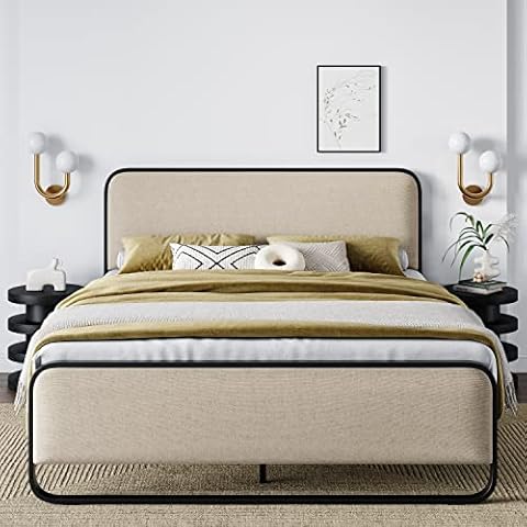 Allewie Queen Size Metal Bed Frame with Curved Upholstered Headboard and Footboard, Platform Bed Frame with Under Bed Storage, No Box Spring Needed, Vintage, Beige Cover