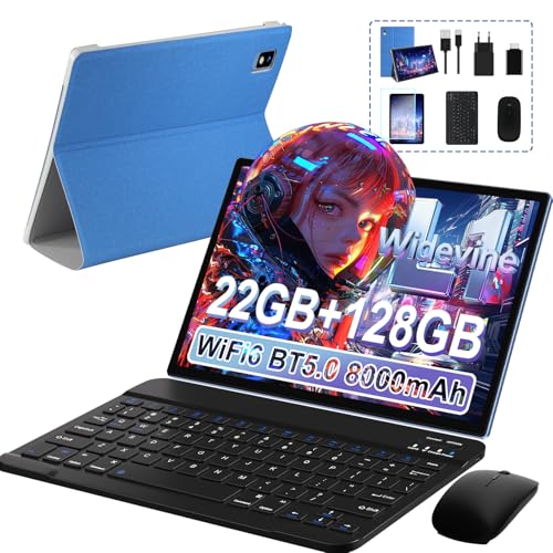 JUEDUR Tablet 10 Pulgadas, Tablets Android 14, 22GB RAM+128GB ROM (1TB TF), Tableta PC Widevine L1, 8000mAh, Octa Core 2.0Ghz, 5G WiFi, Tablet con Teclado y ratón   Azul