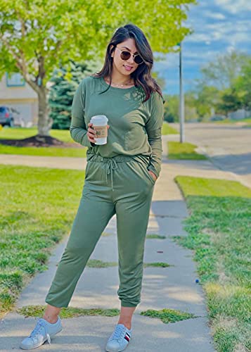 Prettygarden Women's 2023 Fall Two Piece Outfit Long Sleeve Crewneck Pullover Tops And Long Pants Tracksuit (Light Green,Medium) #TOP4
