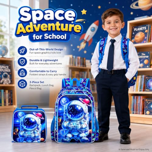 Image of 3Pcs Space Backpack for School, Boys Astronaut Bookbag with Lunch Box, 16 inch Kids Backpacks for Elementary Preschool Kindergarten (Blue)