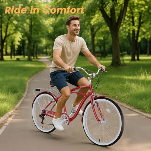 Image of Beach Cruiser Bike for Women and Men, 24 /26 Inch 7-Speed Adult Bicycle