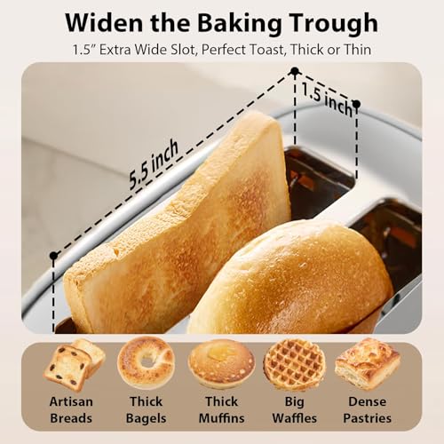 Image of 2 Slice Toaster - 1.5 inch Extra Wide Slots, Stainless Steel, High Lift, 6 Browning, White