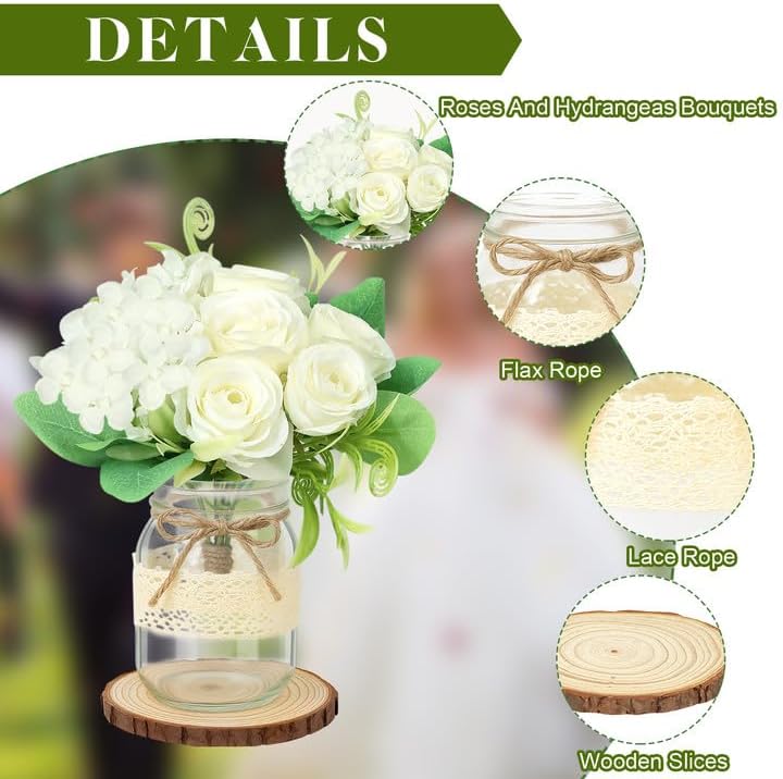 Set 6 Mason Jar Table Centerpiece - Wedding Centerpieces for Tables, Mason Jar Flower Centerpiece Vases Decor- Boho Farmhouse Rustic for Engagement, Bridal Shower, Wedding, Versatile Decor (White) - Image 4