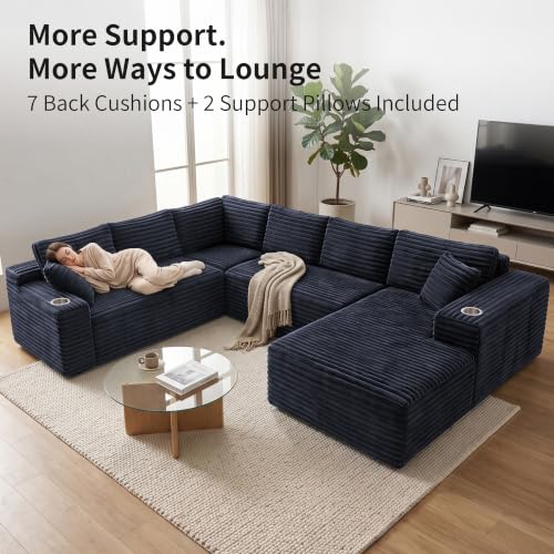 Image of 122 inch Oversized Cloud Sectional Couch for Living Room, 7 Seater U Shaped Sofa Modular Boneless Couch with Chaise | Deep Seater | Cup Holder | Side Pocket | No Assembly | Plus Corduroy, Dark Gray
