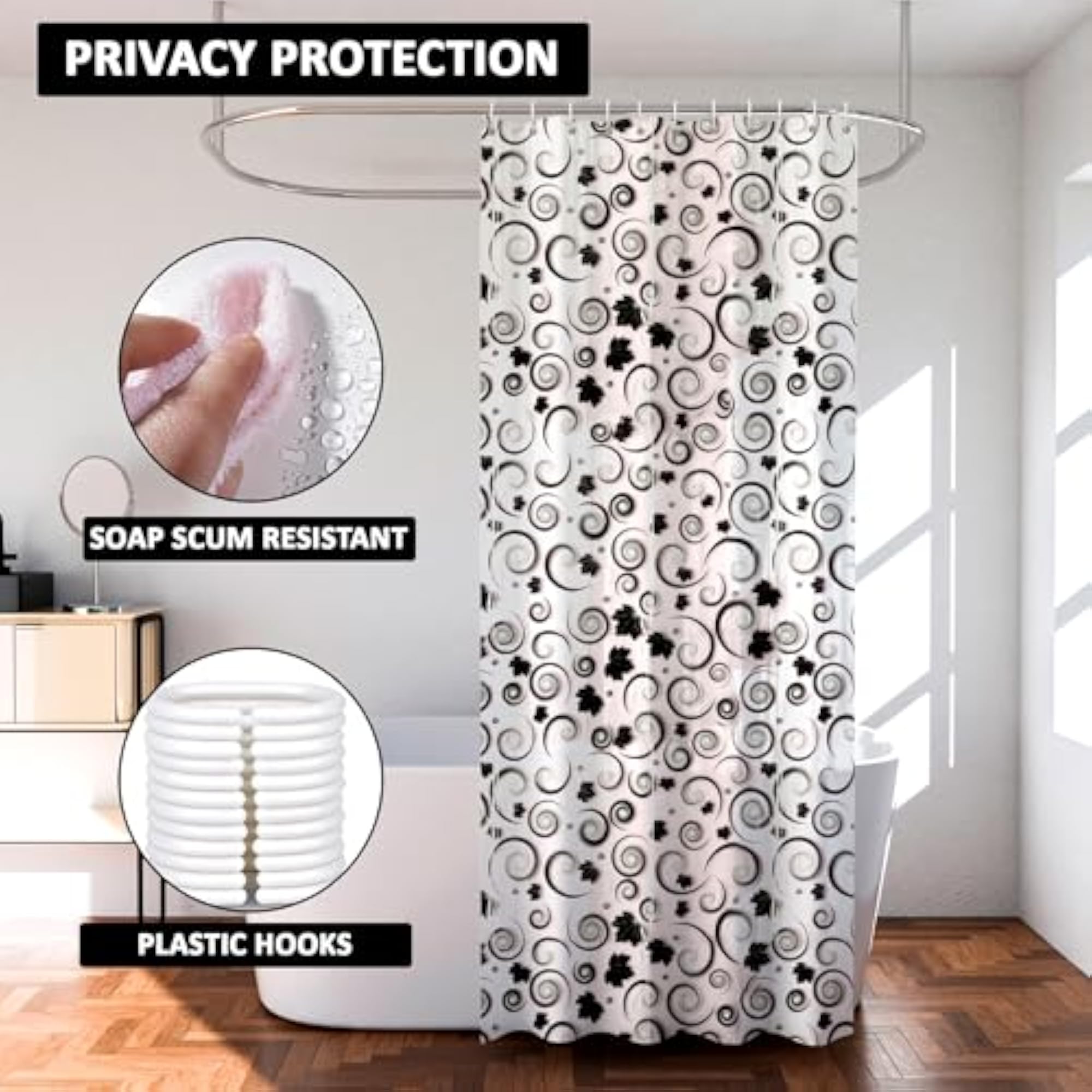 PVC Waterproof Shower Curtain, 7 Feet with 8 Rings