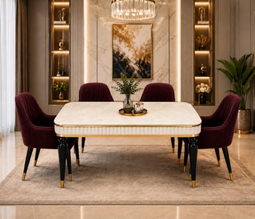 Image of 4 Seater Dining Table Set with Nano Composite Marble Top, Solid Wood Base & 4 Upholstered Chairs, Modern Dining Table Set for Home & Dining Room Furniture (Maroon, White Marble Top, 4 Seater)