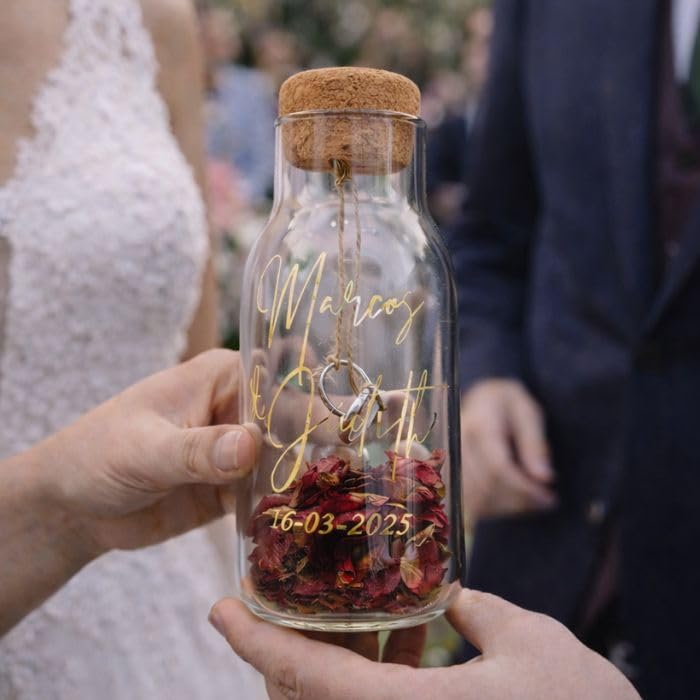 Pot pour alliances personnalisé, porte-alliances, avec pétales de rose séchés naturels et corde pour accrocher les alliances de mariage