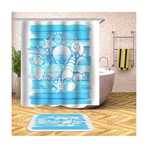 Polyester Duschvorhang & Badezimmerteppich Set Muschel Seestern Seemuschel Bad Vorhang Badvorleger 150x180CM mit 12 Duschvorhangringen