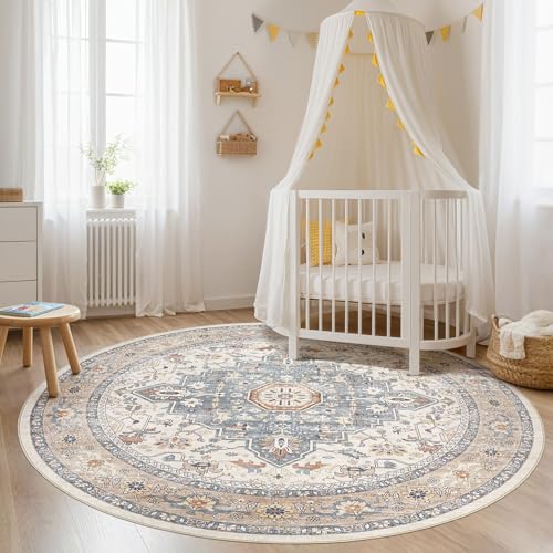 Round Rug Living Room Rugs: 10Ft Washable Boho Neutral Large Circle Soft Indoor Distressed Stain Resistant Floor Farmhouse Carpet for Bedroom Nursery Kids Playroom Office Dining Room Dorm- Beige Blue