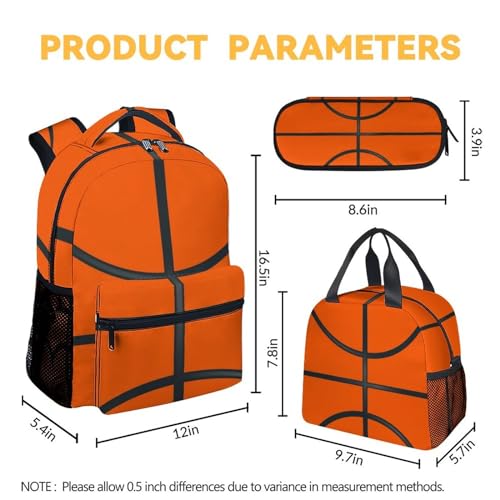 Basketball Backpack with Lunch Box and Pencil Case Set, 3 in 1 Matching Boys Orange Backpacks Combo, Cool Bookbag and Pencil Case Bundle4