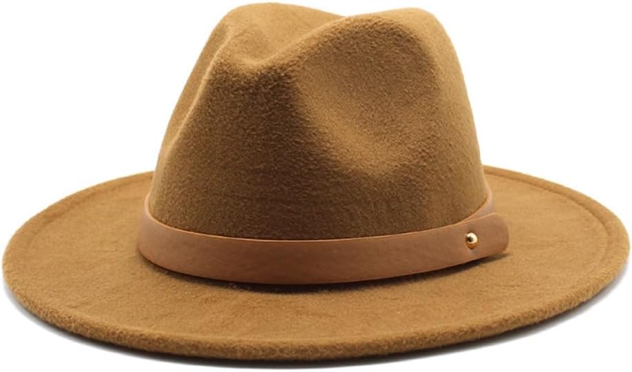 Western Style Wool Felt Fedora Hat, White with Brown Leather Band, Classic Design, Casual Wear