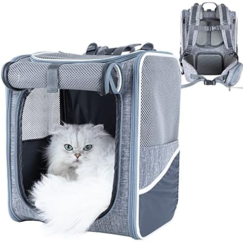 petisfam Ergonomic Design Pet Backpack Carrier for Medium Cats and Small Dogs. Better Stability and Less Turbulence, Well Padded, 4 Pockets, Breathable, Easy Storage Cover