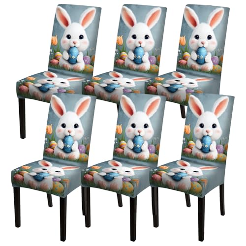 Image of Nuxovilar 6PCS Cute Bunny Pattern Milk Silk Dining Chair Covers | Stretch Slipcover Furniture Protector Bunny Wrap Seat Guard Dining Room Family Gathering Kitchen (Bunny Pattern)