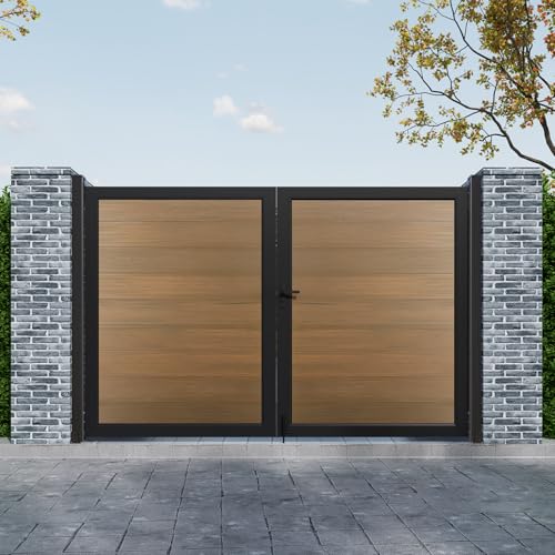 Mondaria 6ft(H)*10ft(W) Wood Plastic Composite Gate for Privacy Fence, Double Fence Gate with Metal Frame and Knob Kits, Brown (Without Post)