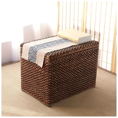 Baúl de mimbre rústico estilo rústico – Otomana de almacenamiento de hierba marina tejida y banco final de cama, reposapiés de ratán para sala de estar, color marrón, 20 x 16 x 18 pulgadas, elegante