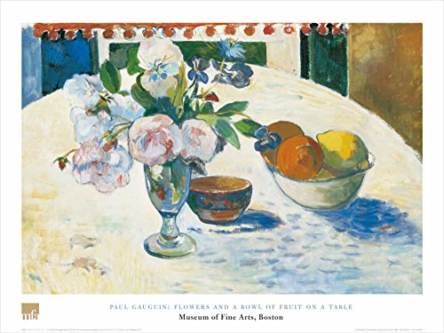 buyartforless Flowers and A Bowl of Fruit On A Table by Paul Gauguin 24x32 Art Print Poster Famous Painting Still Life Fruit Bowl Flowers Glass Vase White Table