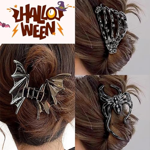 3 Pinzas para cabello Halloween diseño esqueleto y murciélago miniatura 2