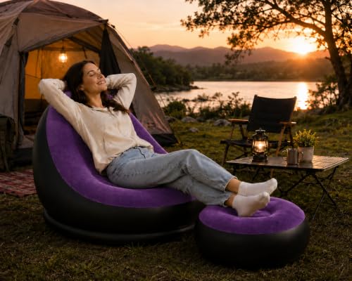 Image of Inflatable Air Sofa Chair with Ottoman & Automatic Electric Pump, Portable Flocked Blow Up Lounge Chair for Living Room, Bedroom, Camping & Outdoor Use (Purple)