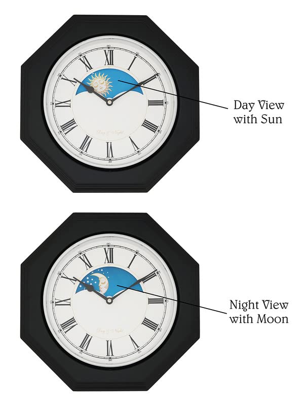 Image of CHRONIKLE Unique Octagon Shaped Black Sunrise /Sunset Style Wooden Roman Figure Wall Clock with Sweep Movement (Size: 33.5 x 33.5 x 6.5 CM | Color: Black | Weight: 1535 grm)