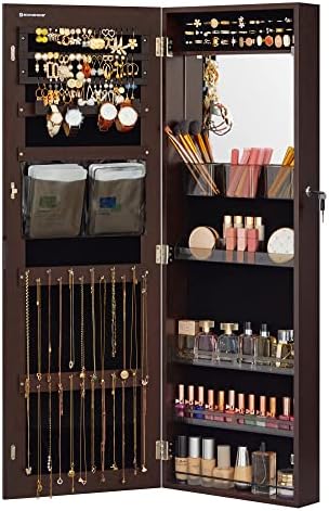 SONGMICS Jewelry Cabinet Armoire with Mirror, Wall/Door Mount Storage Organizer with Full-Length Frameless Mirror, Lockable Cabinet with Built-in Small Mirror, Shelves, Gift Idea, Brown UJJC003K01