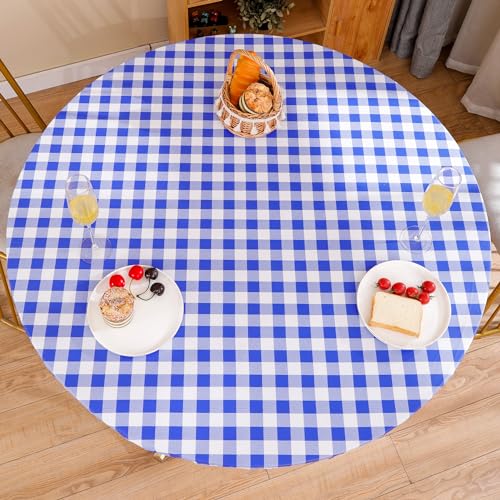 Round Vinyl Fitted Tablecloth with Flannel Backing Elastic Edge Design Table Cover Waterproof Oil-Proof PVC Table Cloth Stain-Resistant Best for 45"-56" Round