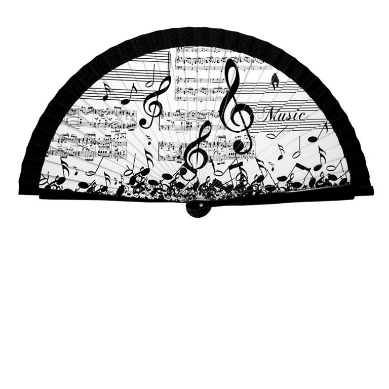 DRW Abanico Madera Decorado con Notas Musicales Blanco y Negro 42 cm