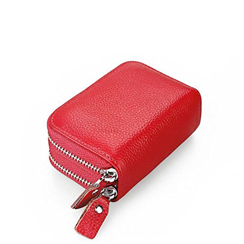 AprinCtempsD RFID Cartera Tarjeteros Piel Genuino Monedero Pequeñas Portatarjetas Mini Cremallera para Mujer Hombre (Rojo)