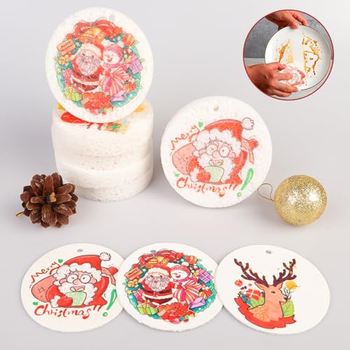 Image of 3 Pcs Biodegradable Wood Pulp Cellulose Compressed Cleaning Sponge Premium Kitchen Dishwashing Sponge Hanging Decorations for Christmas Tree Decorations, Kitchen, Bathroom and Surface Cleaning