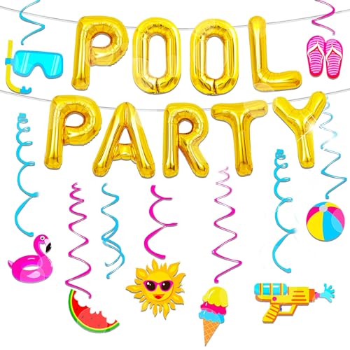 Image of Summer Pool Beach Hanging Swirls 15 Pack Foil Ceiling Hanging Swirls Pool Party Balloons Swimming Pool Party Favors Beach Party Banner Beach Party Balloons