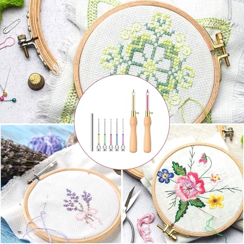 Image of 10 PCS Adjustable Punch Needle Tool, 7 Size Punch Needle Kit with Wooden Handles, Easy Stitch Embroidery Needle Set Kit for Adult Beginners DIY Craft