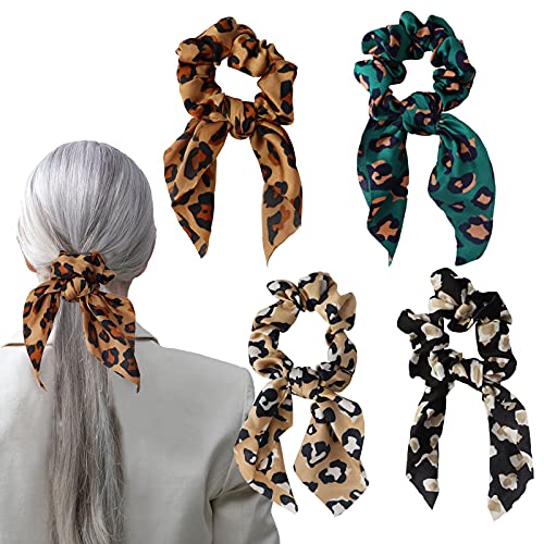 4 Pcs Hair Scrunchies Satin Silk Elastic, Colorful Bowknot Hair Bands Hair Scarf Ponytail Holder Scrunchy Ties, Vintage Leopard Traceless Hair Rope Accessories for Women Girls