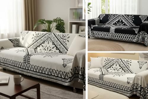 Image of The Furnishing Tree Reversible Double Sided Chenille Throw Sofa Cover, Anti-Slip Couch Cover, Comfy Sofa Towel for All Seasons, 3 Seater, Bohemian-style geometric and floral black & cream