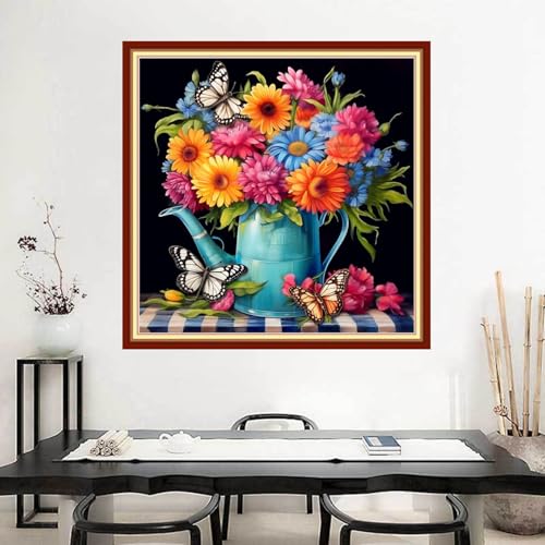 Image of Joyhoor Stamped Cross Stitch Kits for Beginners Needlepoint Kits for Adults Embroidery Kits 11CT Counted Cross Stitch Kits Printed Embroidery Pattern- Flower Water Kettle 18x18 inchs