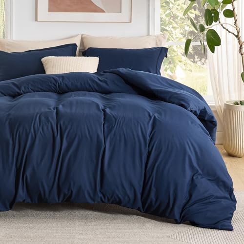 Image of Bedsure Duvet Cover with Fitted Sheet Queen - Deep Pocket, Hotel Luxury Soft Double Brushed Bedding Set with Zipper Closure, 1 Duvet Cover, 1 Fitted Sheet, 2 Pillow Shams, NO Comforter, Blue