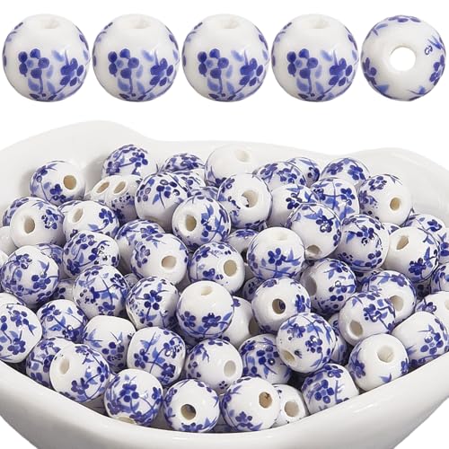 PONABEADIY 1 Box 180 Stück 6mm Blau Weiß BLUMEsnmuster...