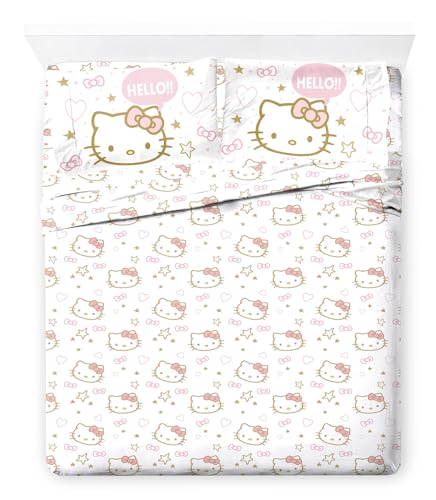 Jay Franco Hello Kitty Full Size Sheet Set - Super Soft 4 Piece Stars & Hearts Bedding Set - Microfiber Sheets Includes Reversible Pillow Covers