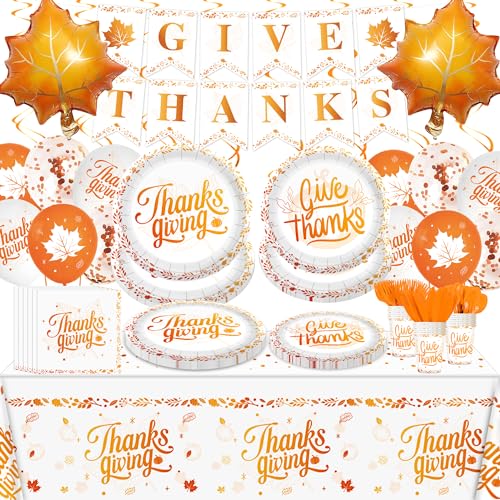 202Pcs Thanksgiving Disposable Tableware Set Orange Party Decorations Serve 24 Paper Plates Napkins Cups Maple Leaf Balloons Banners Plastic Tablecloths dinnerware for Fall Thanksgiving Party Supplies