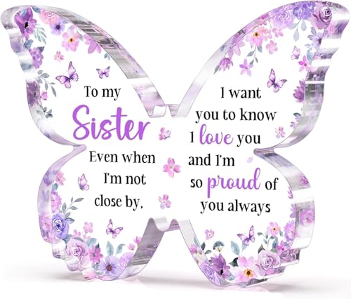 Image of Gifzy Sister Birthday Gifts, Sister Gifts from Sisters Brother, Unique Purple Butterfly Acrylic Plaque Desk Decor, Sisters Gift for Women on Birthday Rakhi Christmas, 5 x 5 x 0.5 inches