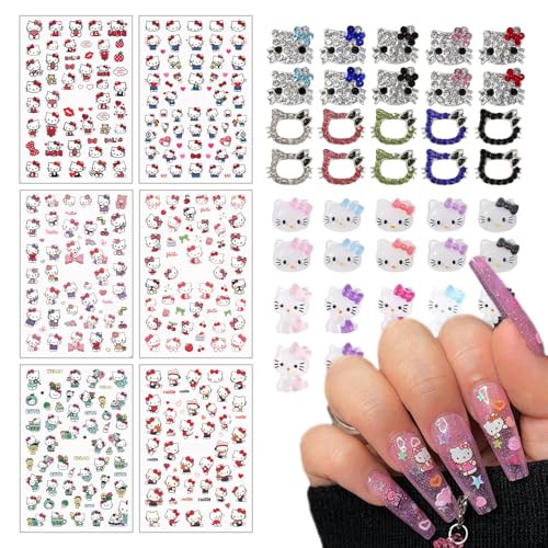 6 Sheets Cute Cat Nail Stickers and 40Pcs Cartoon Red...