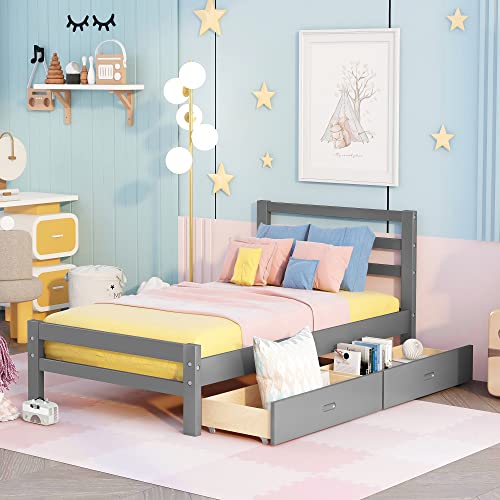 Citynihgt Twin Bed Frame, Twin Bed With Storage Drawers, Wood Twin Bed Frames With Headboard For Kids,Twin Storage Bed,No Box Spring Needed (Twin,Grey) #TOP6